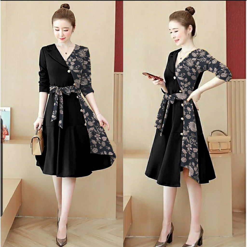 [HNFK] Dress Wanita Korean Style / Dress Agatha / Dress Kondangan Kekinian / Dress Motif / Pakaian Wanita Terbaru