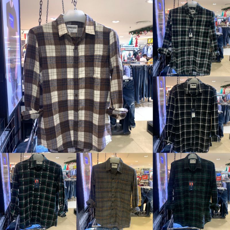 BombBoogie by Matahari KEMEJA Pria Flanel Lengan Panjang Kotak-Kotak Hitam Putih Hijau Hitam Terbaru