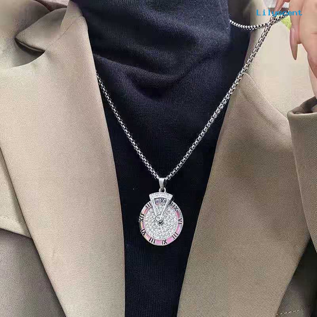 [LS]Kalung Dapat Diputar Hip Hop Hypoallergenic Hadiah Fashion Perhiasan Pria Wanita Angka Romawi Jam Liontin Rantai Panjang Untuk Pesta