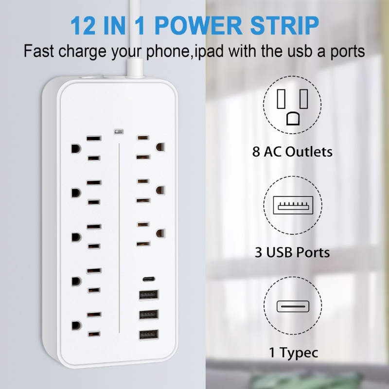 Zzz Power Strip Wall Outlet Surge Protector Stop Kontak 8xAC 3x Port USB &amp; Port Tipe-C