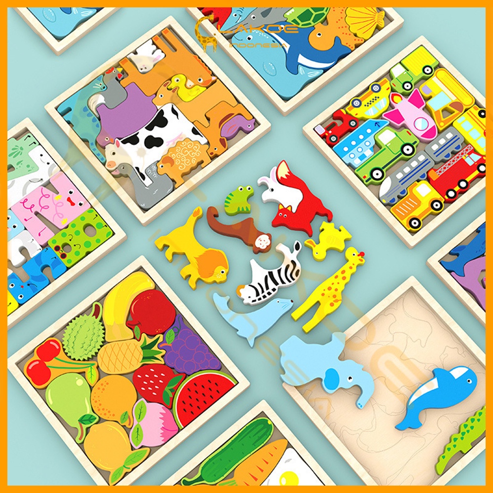 Mainan Puzzle kayu 3D animal angka anak wooden toys