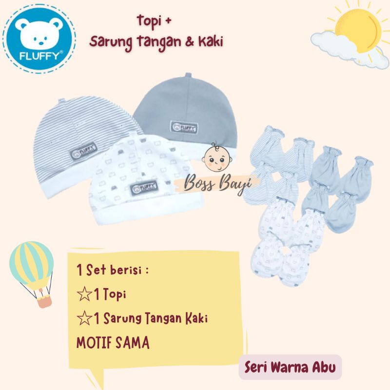 FLUFFY - Topi + Sarung Tangan Kaki Karet untuk Bayi Newborn
