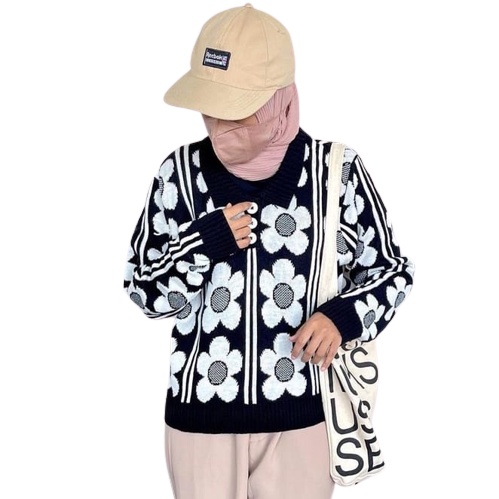 ZAHRA - Sweater Rajut Wanita Motif Bunga KNITWEAR TEBAL HIMAWARI PREMIUM