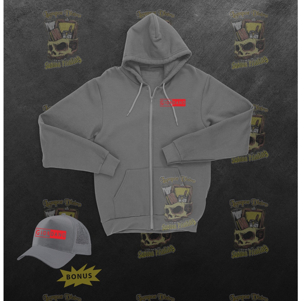 Free TOPI Zipper Giardano blok Quality Red Premium Baju Tshirt Lengan Tebal Crewneck Branded Origina