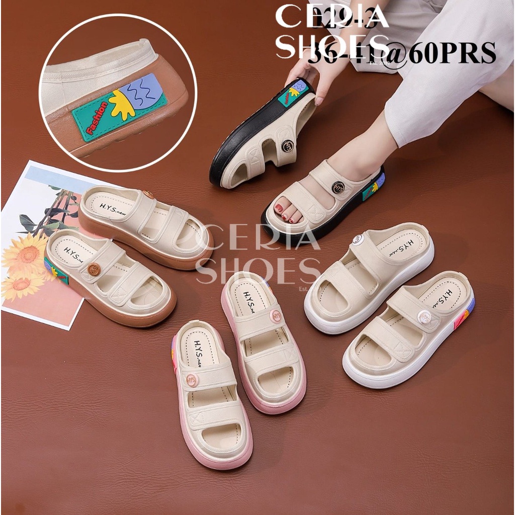 PVC Sandal Slop Wanita Karet Double Strap Import Motif Kancing Sendal Jelly Bahan Empuk Elastis Rubber Super Non-Slip 029-3