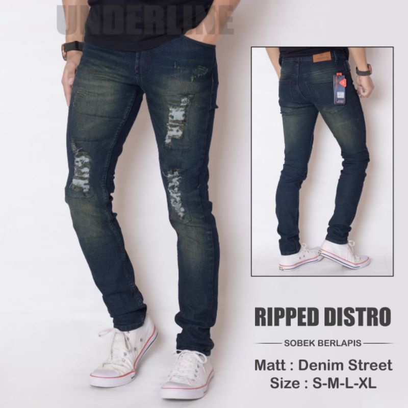Celana Jeans Panjang Pria Sobek Lapis Celana Jeans Pria Sobek Tidak Tembus