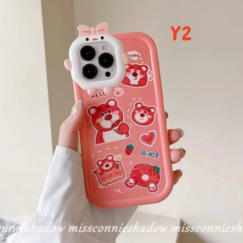 Case Compatible Untuk iPhone 11 Pro Max8 7 6s 6 Plus XR 14 13 12 Pro Max14 Plus X XS Max SE 2020 Kartun Sweet Strawberry Bear Manyo Cute 3D Bow-knot Little Monster Lens Soft Cover