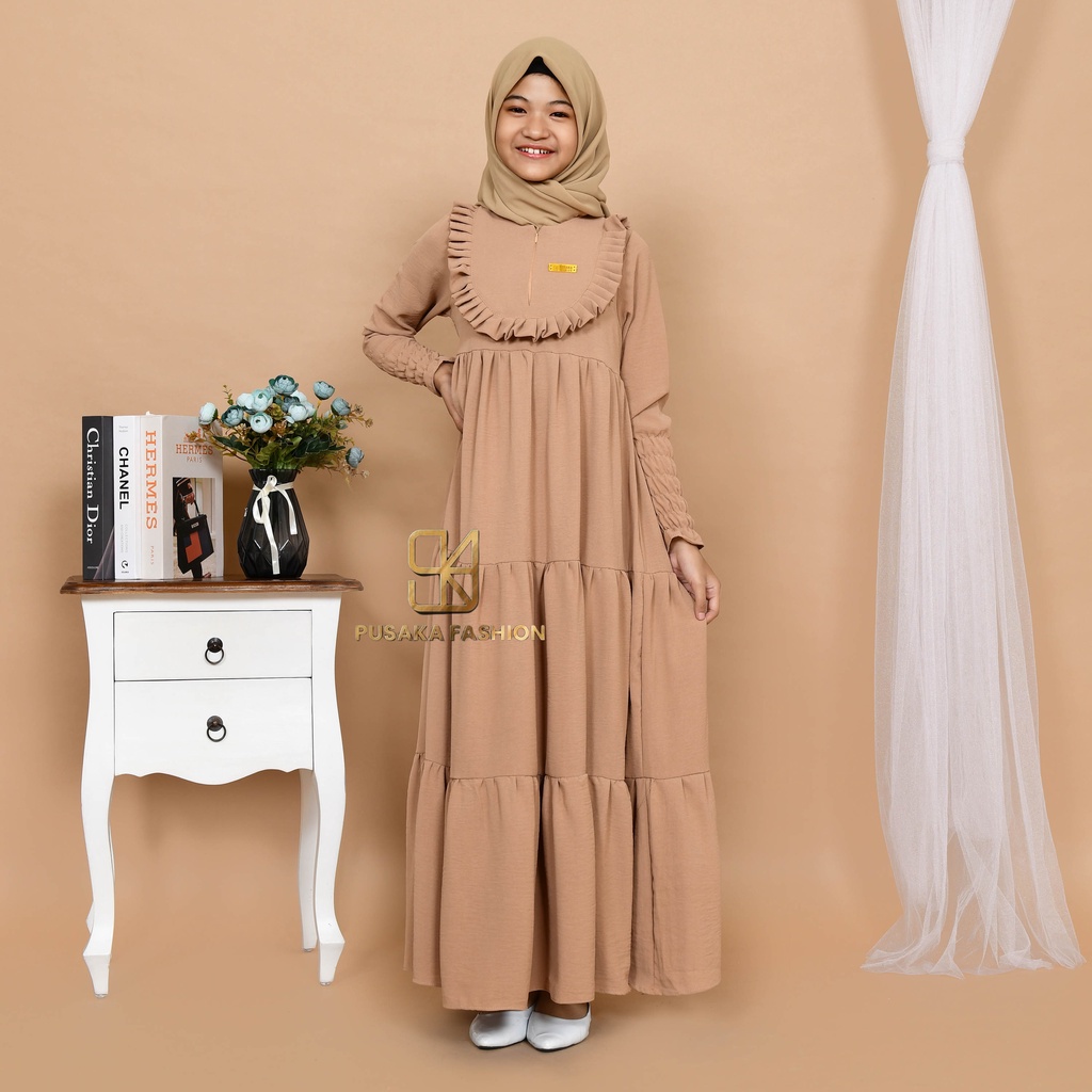 VINA KIDS GAMIS cringkle ANAK perempuan remaja tanggung 9-17 tahun fashion muslim longdress KID girl serut susun modern premium warna putih tulang pink fuchia sage green hitam bata mocca lemon olive broken white gamis putih manasik haji mengaji terbaru