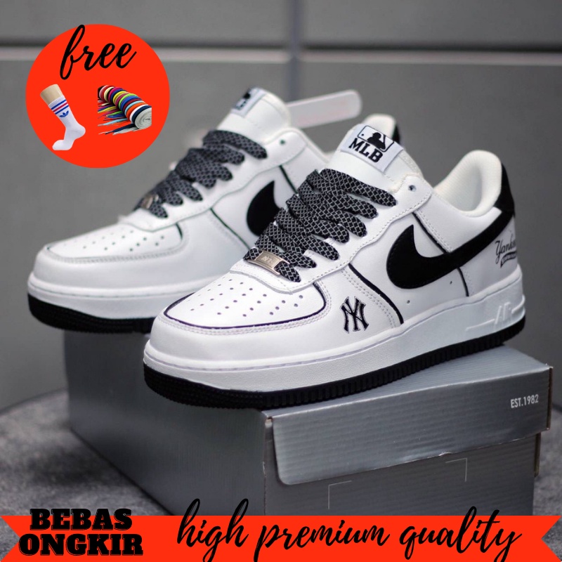 Sepatu NikeAirForce 1MLB New Low Quality High Premium White Lis Black - Putih, 40