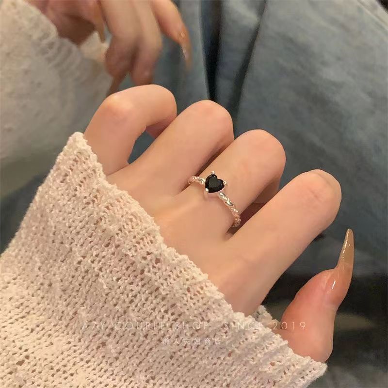 Vintage Hitam Zirkon Cincin Hati Kristal Batu Kecil Kawin Cincin Trendi Warna Perak Pertunangan Rings