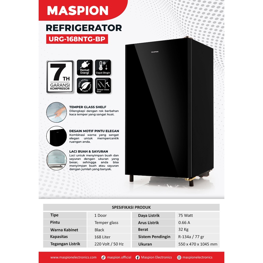 KULKAS 1 PINTU MASPION URG 168 NTG BP