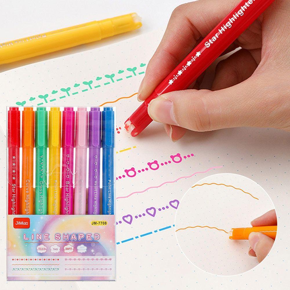 Nanas 8Pcs Curve Stabilo Pen Art Stationery Graffiti Berbentuk Bunga Garis Kurva Berkepala Ganda Warna Terintegrasi