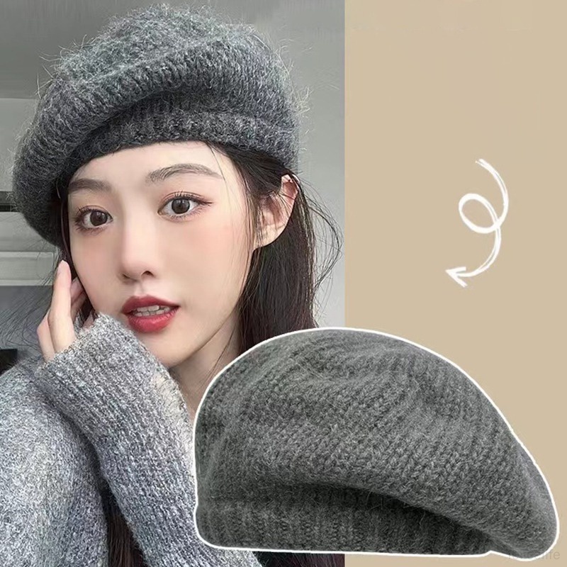 Wanita Wol Topi Retro Padat Mohair Baret Topi Seni Rajutan Topi Pelukis