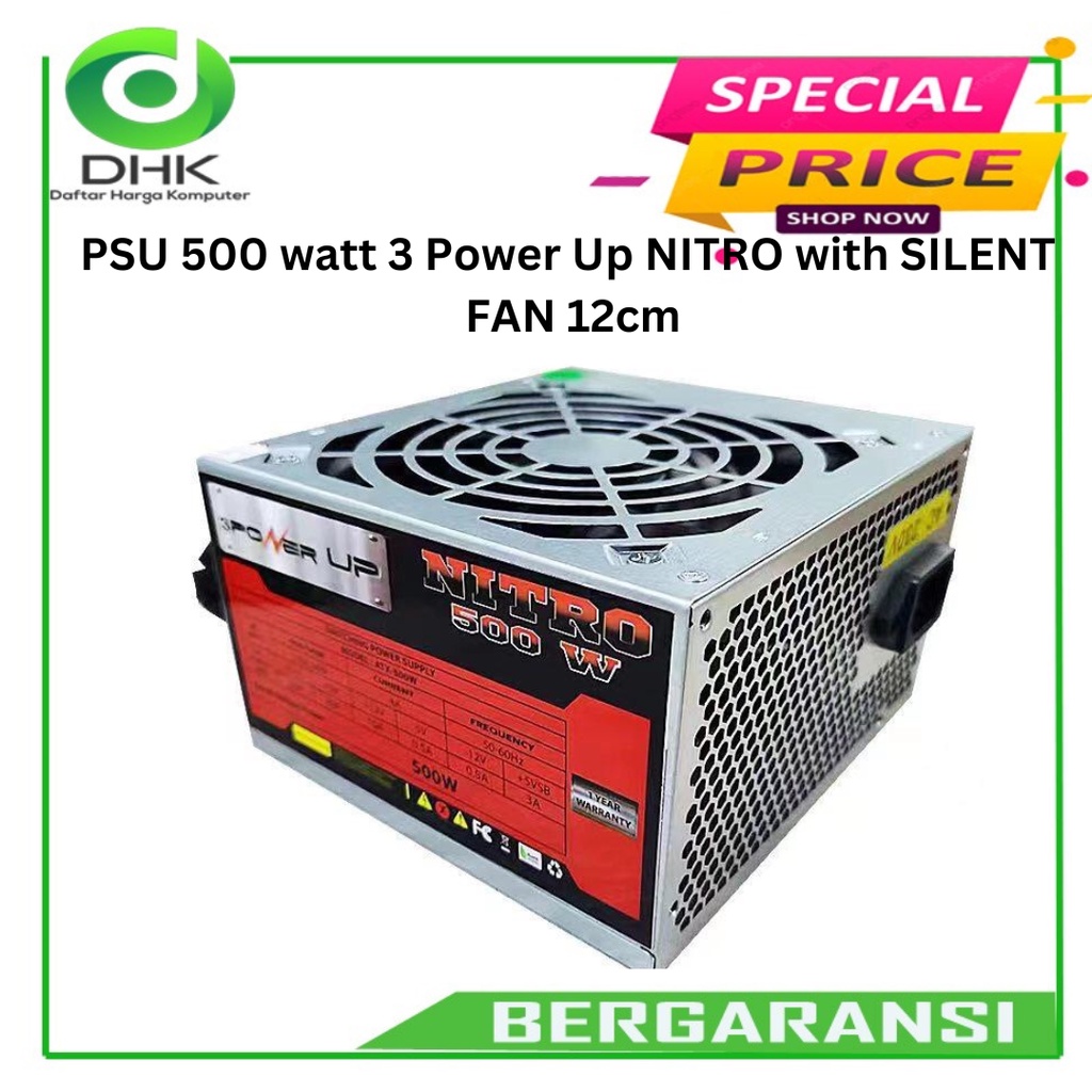 Power Supply 500 watt PowerUp NITRO SILENT FAN 12cm flat cable hitam