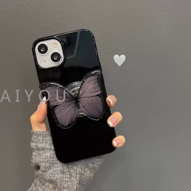 2in1 Dark Black Butterfly Cat Dengan Stand Holder Phone Case Untuk iPhone 14 Pro Max13 12 11 Pro Max X XS XR Full Protect Military-Grade Shockproof Back Cover