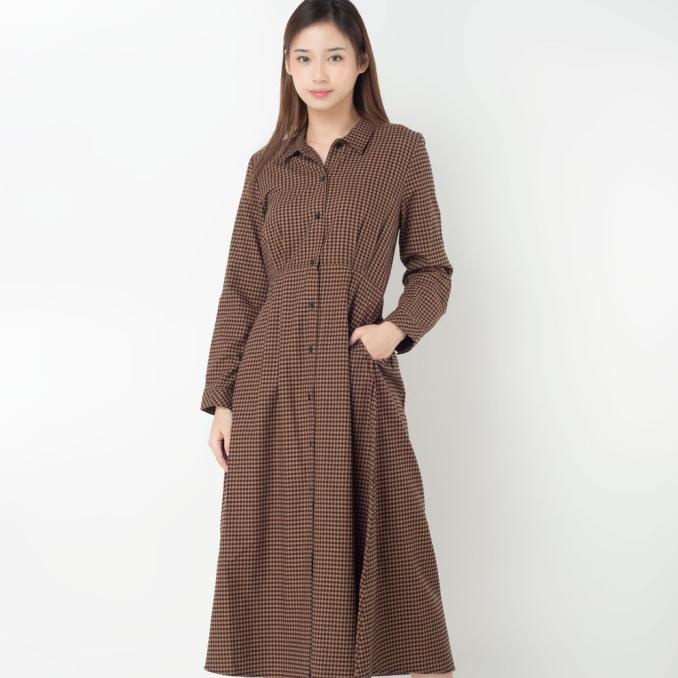 Benhill Gamis Wanita Flannel Lengan Panjang Kotak Coklat 0688