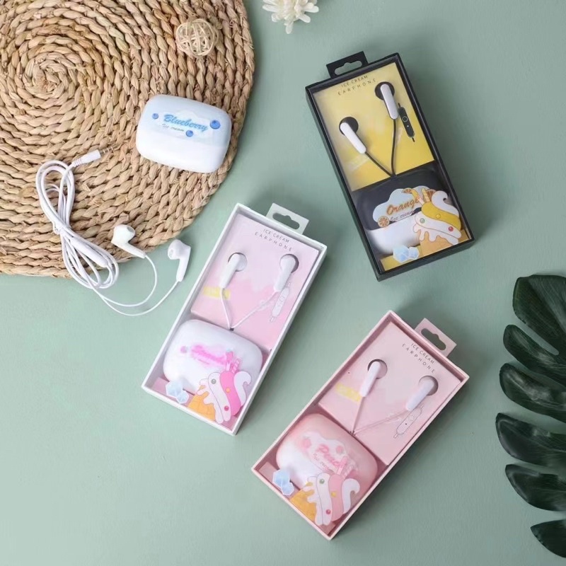 [ XY 73 ] Set Headset Earphone karakter model series  ICE CREAM DAILY plus Wadah penyimpanan Earphone Motif