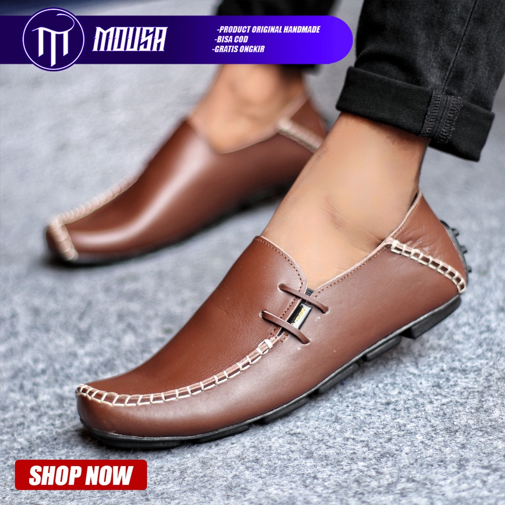 Sepatu Slip On Formal Pantofel Kulit Asli Kerja Pria Hitam Mousa Moclea