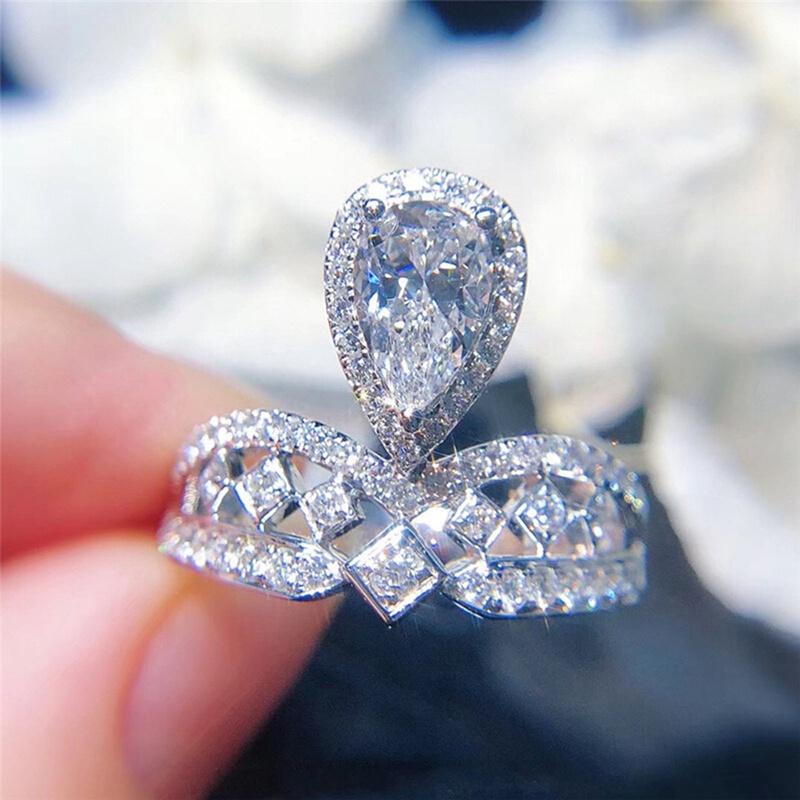 Elegan Perhiasan Fashion Putri Mahkota Cincin Foir Pernikahan Bertatahkan Tetesan Air Kristal Zirkon Perempuan Pesta Ornamen