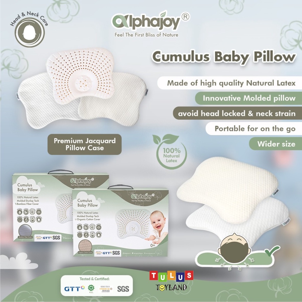 Alphajoy CUMULUS Baby Pillow 100% Natural Latex anti Flathead newborn bantal peyang lateks anti tungau pillowcase sarung bantal bamboo / organic cotton anti alergi