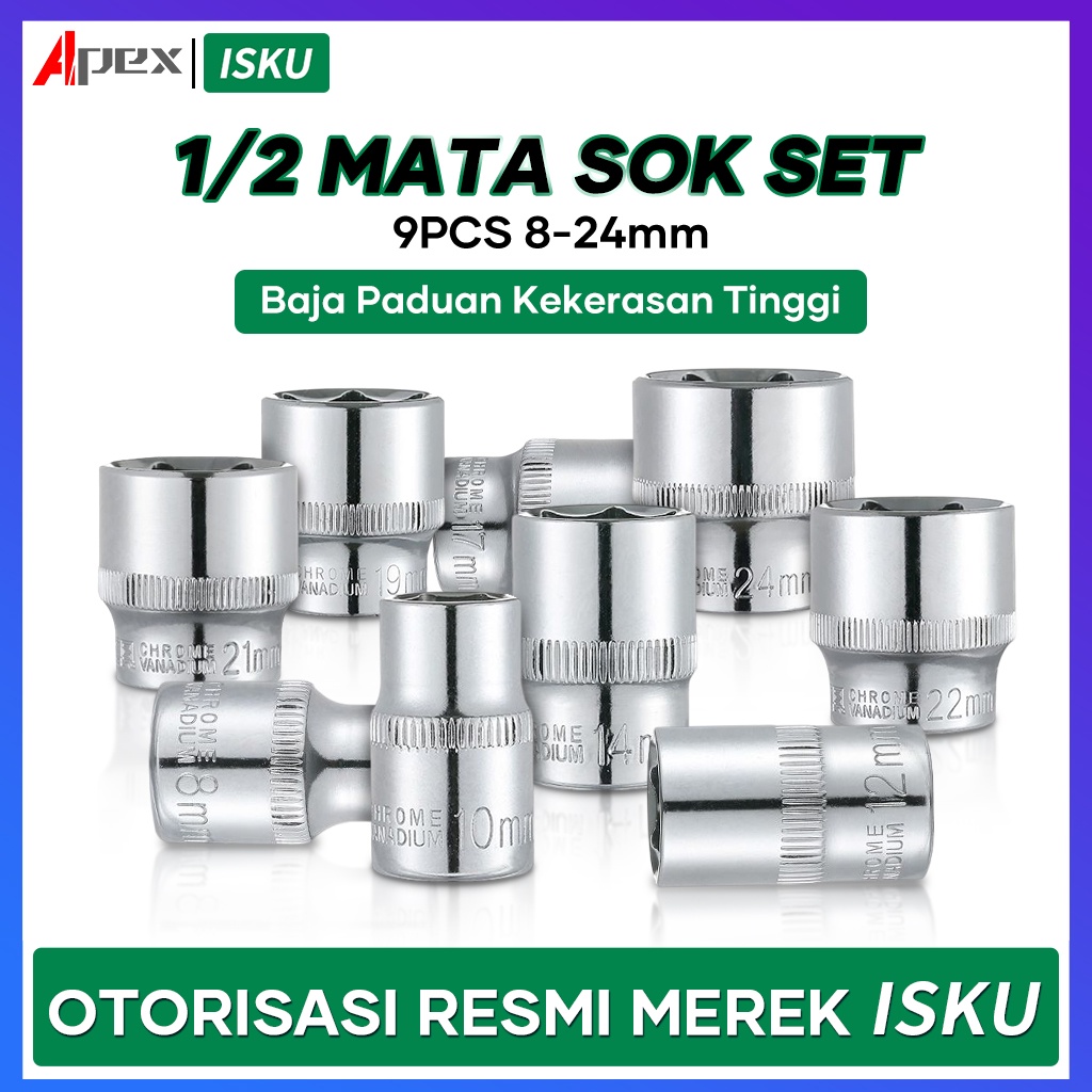 ISKU mata kunci shock 1/2 inch 6 pt kunci sock /kunci shok satuan/mata sok panjang Alat Perkakas 8 - 24 mm