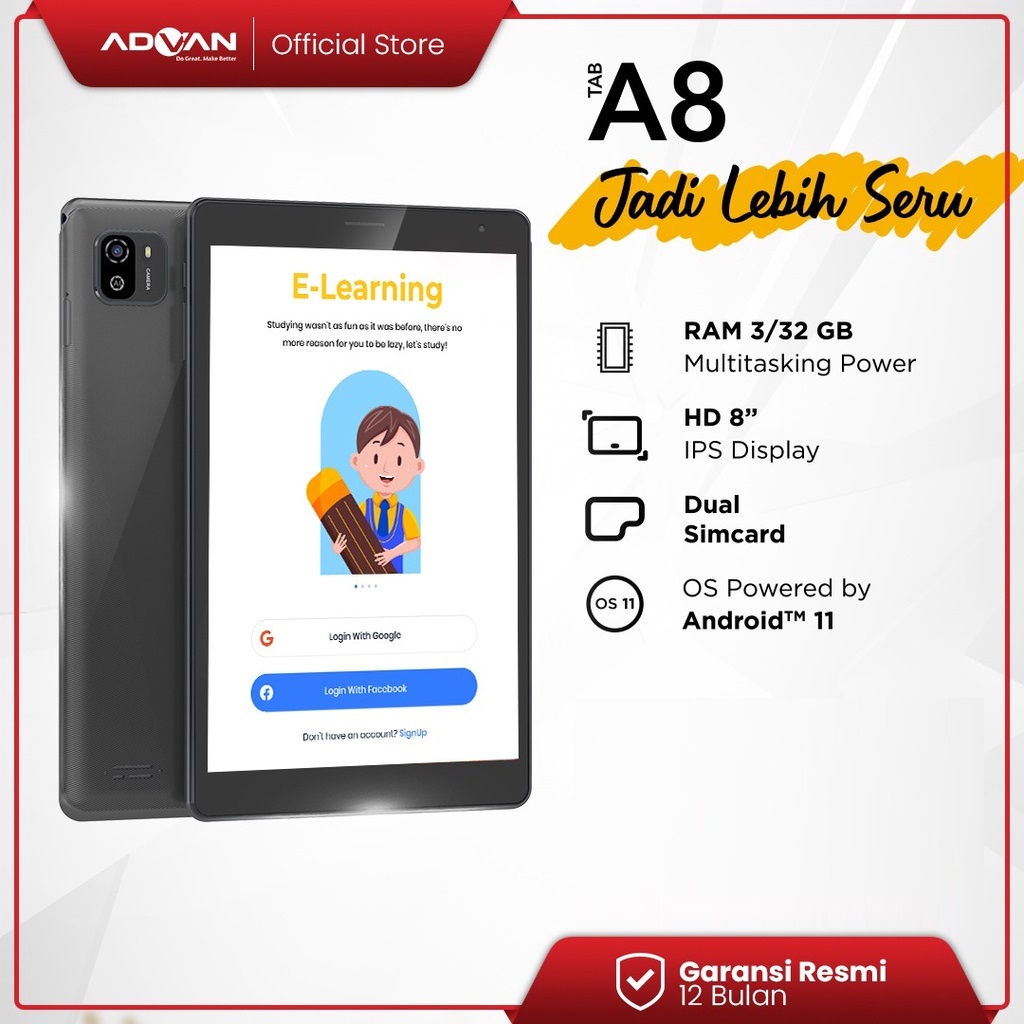 Advan Tab A8 3GB / 32GB Tablet 8 Inch Android 11 Bonus Flip Case