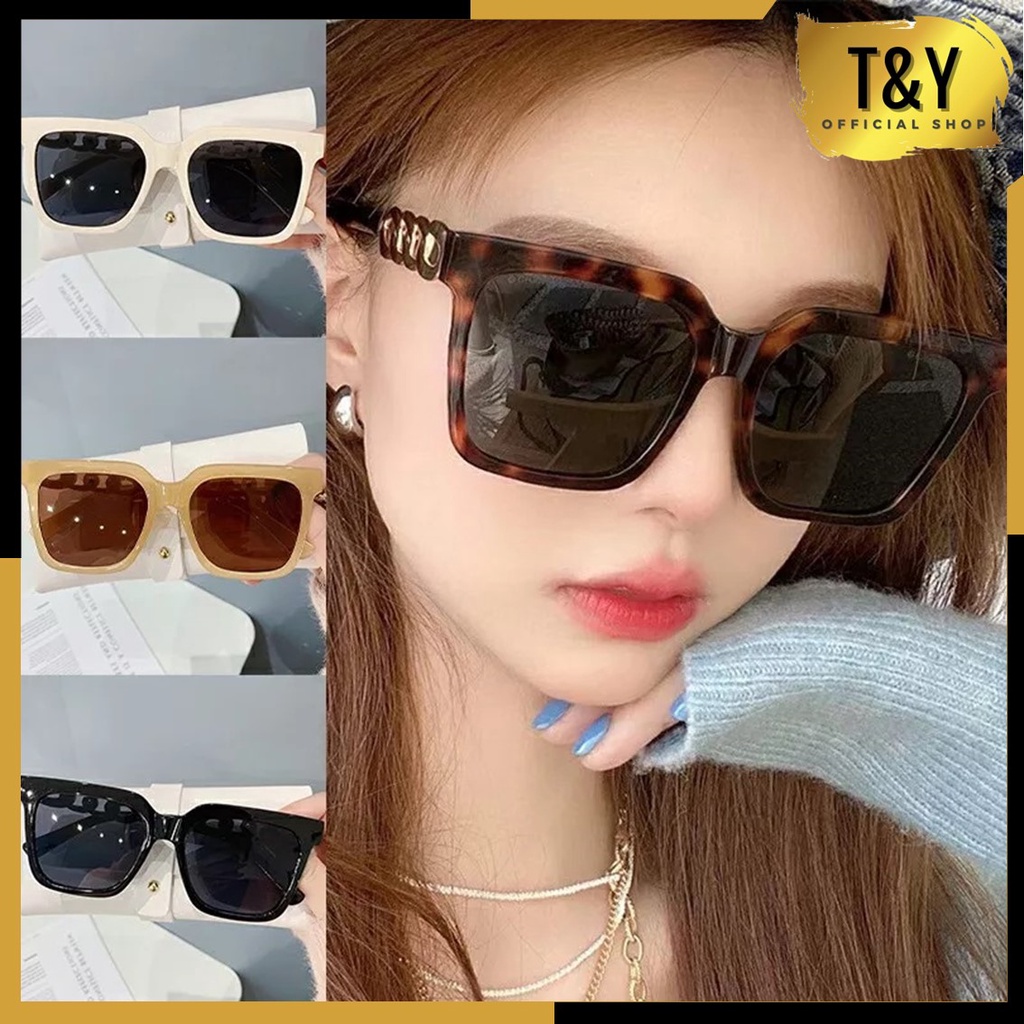 T&amp;Y Kacamata Hitam Motif Rantai 6642 Kaca Mata Wanita Model Eropa Amerika Retro Kotak Besar Fashion Sunglassess Eyewear Murah