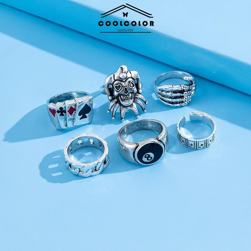 COD❤️6PCS/Set Cincin Unisex  Punk Membesar-besarkan  Badut Poker Cakar Hantu Tengkorak  Perhiasan Bulat Nomor 8- cl