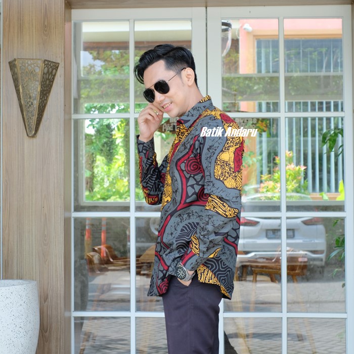 Baju Kemaja Batik Pria Lengan Panjang Modern Elegant Heem Premium Bahan Katun Primisima Warna Abu Abu