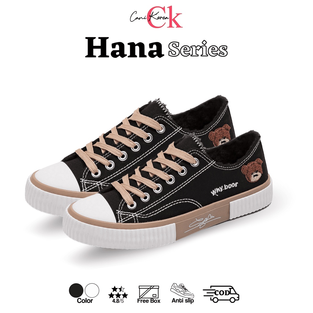 CaniKorea &quot;FREE BOX&quot; Size (37 - 41) Hana Sepatu Wanita Bear Sneakers Kets Bertali Kasual Fashion Kanvas Anti Slip Import Premium Quality 9042