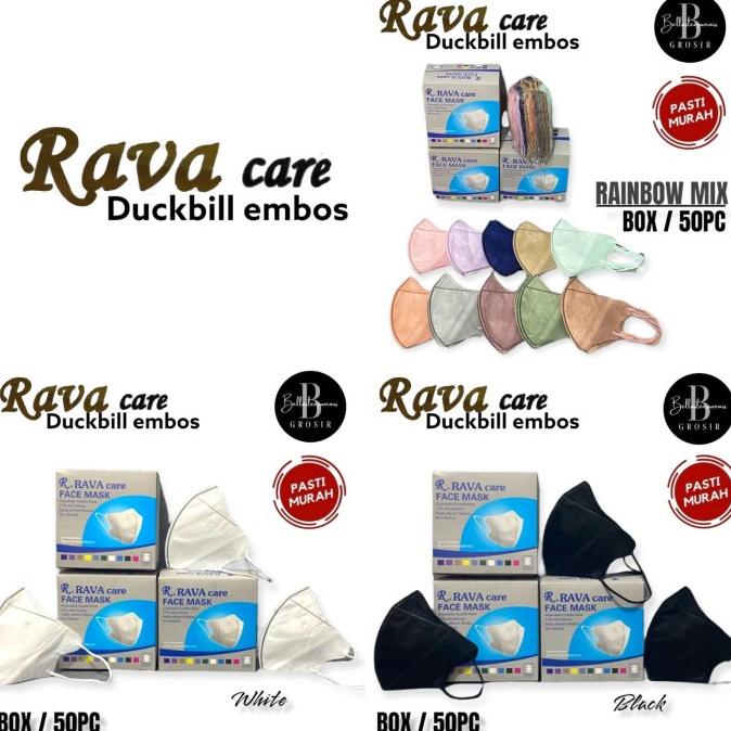 RAVA CARE - MASKER DUCKBILL RAVA EMBOS HITAM PUTIH RAINBOW MIX BOX/50 t-bellasleepwears dijamin