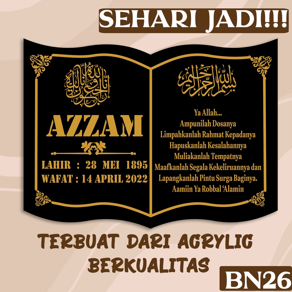 [SEHARI JADI] NAMA NISAN MUSLIM BAHAN AKRILIK CUSTOM | BATU NISAN PRASASTI MAKAM BENTUK BUKU LASER C