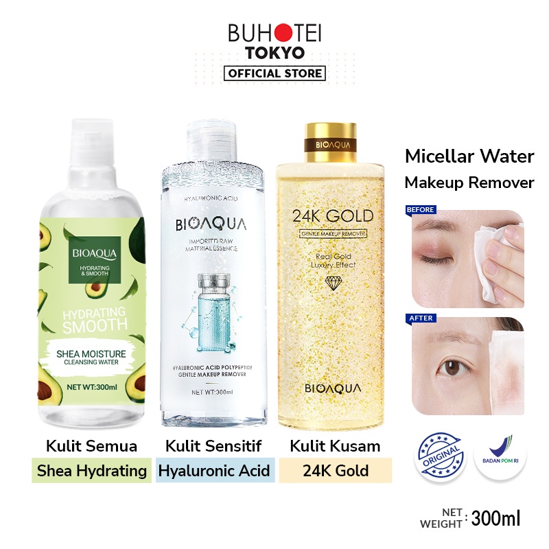 BUHOTEI BIOAQUA Makeup Remover Micellar Water Hyaluronic Acid Remover untuk Kulit Sensitif | 24K Gol