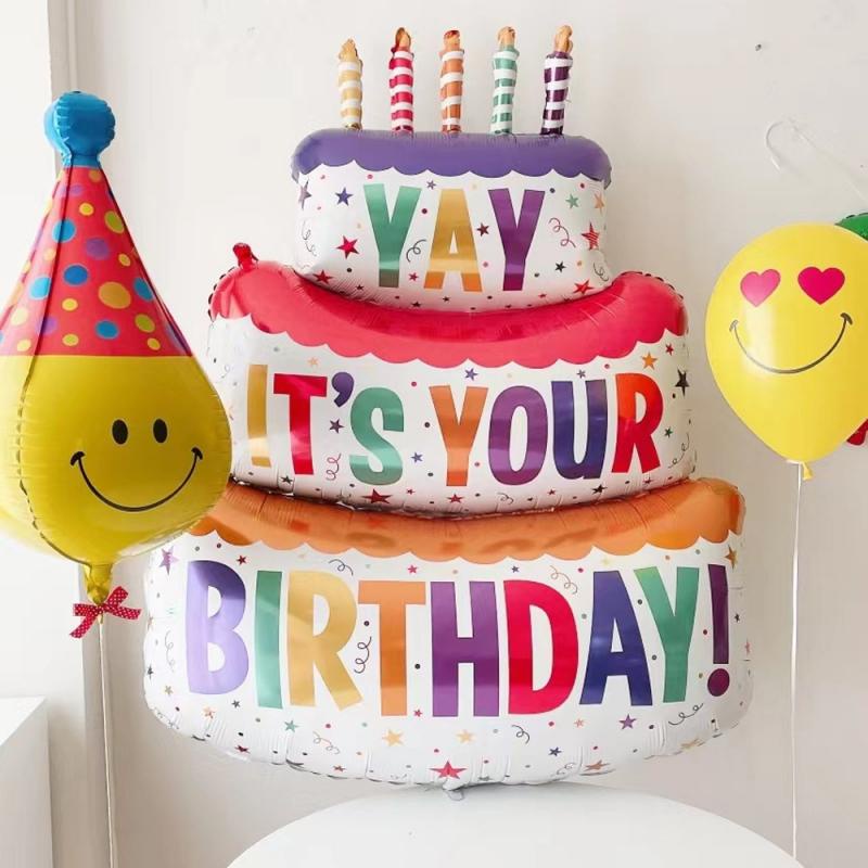 1m Happy Birthday Kue Balon Besar 3-Layer Color Candle Cake Balon Film Aluminium Untuk Pesta Ulang Tahun Properti Foto Dekorasi Adegan