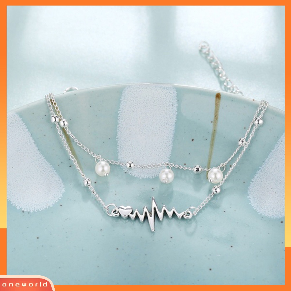 [WONE] 2pcs/set Wanita Kaki Gelang Detak Jantung Mutiara Imitasi Gelang Kaki Ankle Chain Jewelry