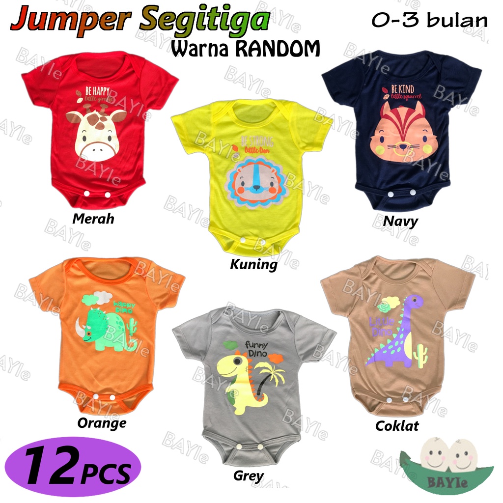 BAYIe - 12 PCS Baju Bayi model Jumper/Jumpsuit/Romper Segitiga Pendek SABLON Bahan RIB new born 0-3 Bulan