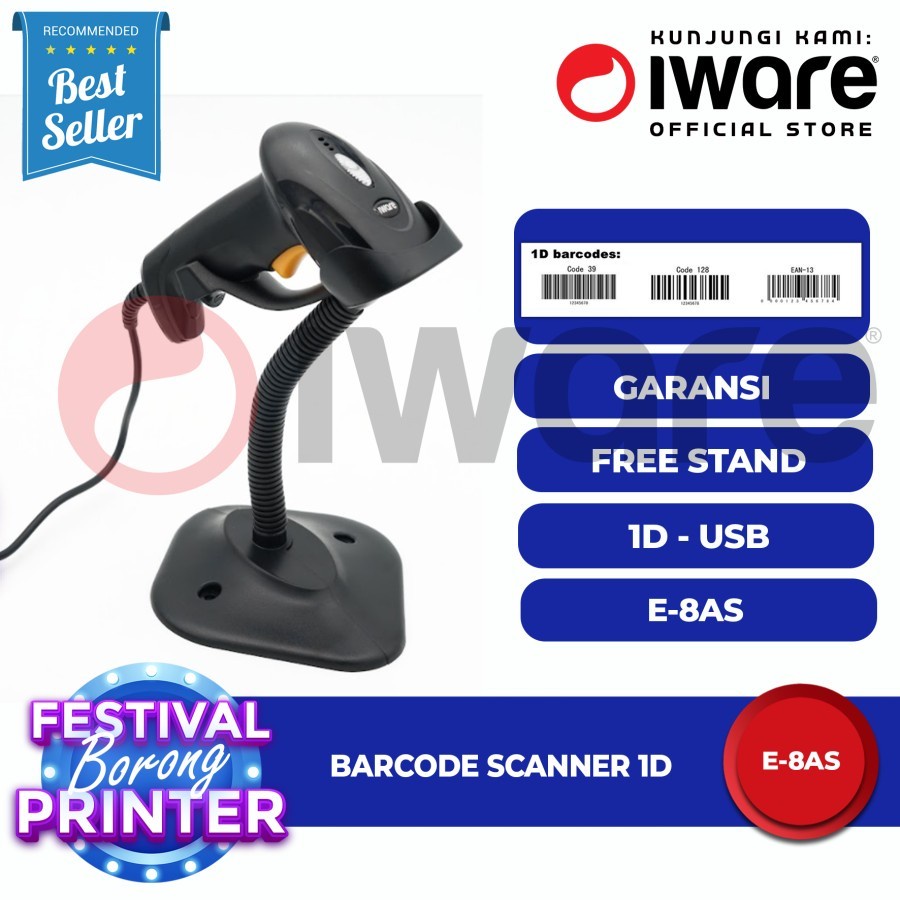 BARCODE SCANNER 1D E8AS + STAND IWARE