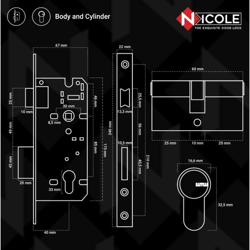 Body Kunci Pintu Set Swing Stainless + Silinder 5 Kunci 60mm