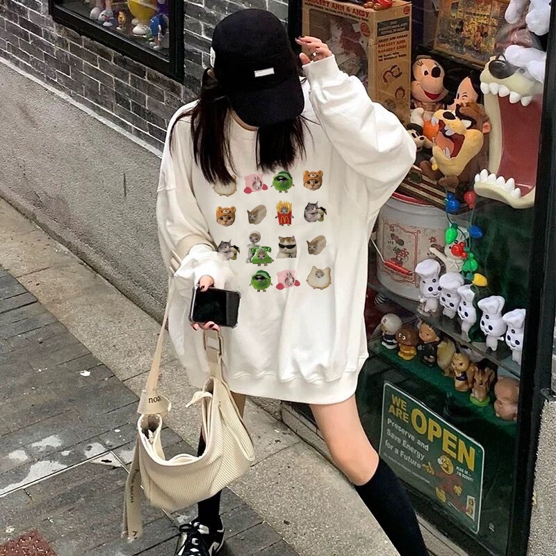 EUNII Sweater Lengan Panjang Cartoon Cat Bread Korean Style/Hoodie Oversize/Baju Wanita/Switer Wanita