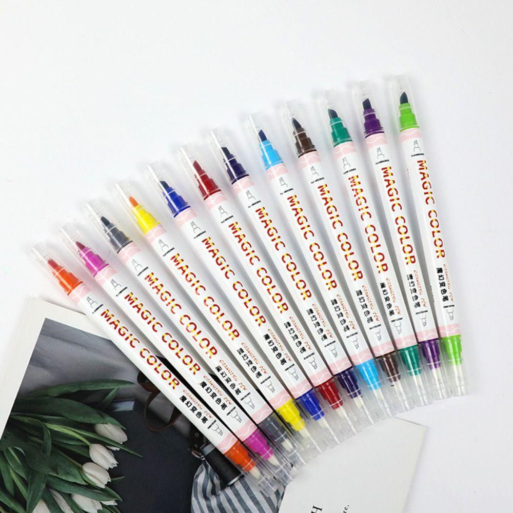 R-flower 12warna/Set Fluorescent Marker Stationery Alat Gambar Kepala Ganda Berubah Warna