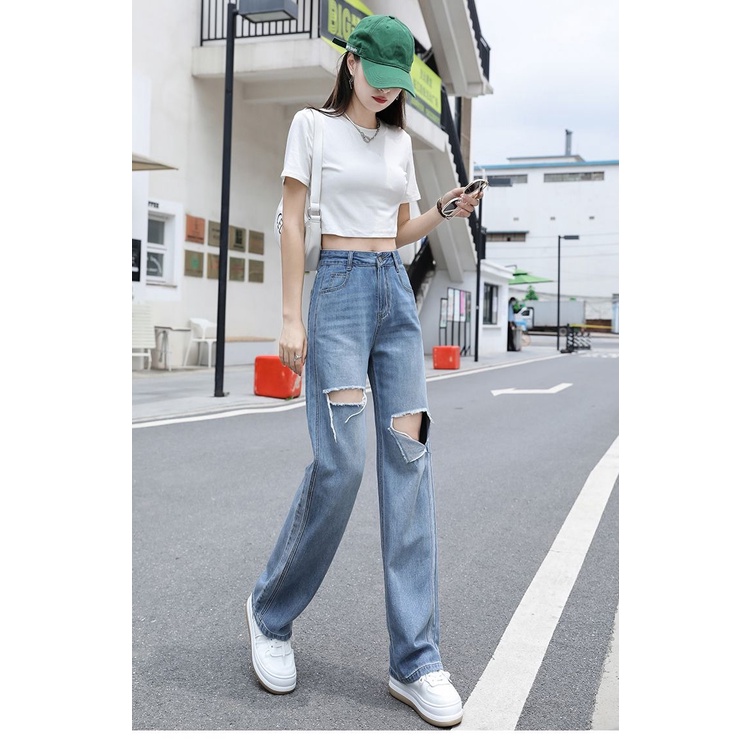 celana jeans kulot sobek boyfriend jeans celana jeans high waist wanita celana panjang kekinian dewasa ripped denim ootd tebaru