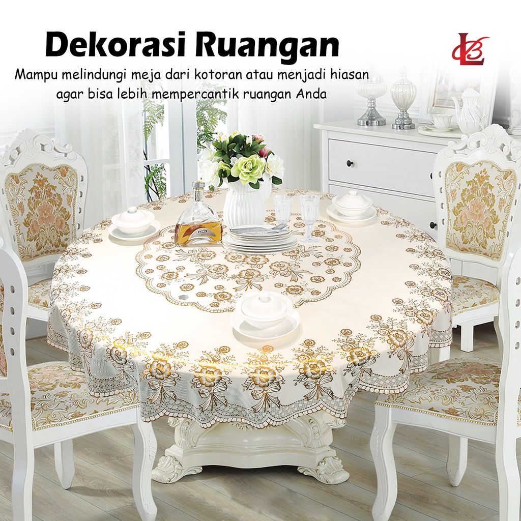 Taplak Meja Bulat Ukuran Diameter 180CM Anti Air Alas Bahan PVC / Taplak Alas Meja Makan Bundar Diameter 180CM  Ruang Tamu Anti Air ± 180cm / Taplak Meja Makan Bulet / Round Lace Renda 6-8 Kursi Anti Air Motif Termurah D45-C (88 BLANKET STORE)