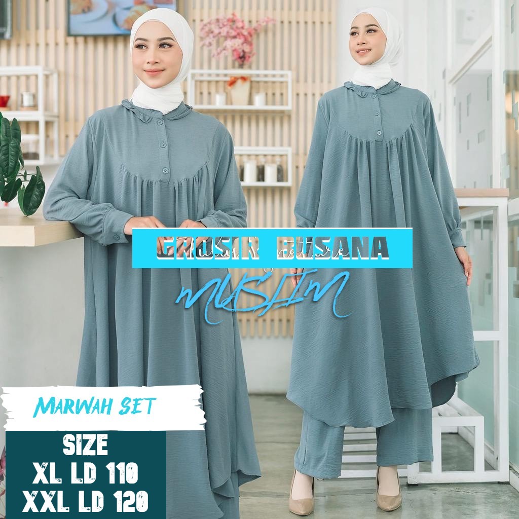 Marwah Set Crinkle Jumbo  Baju Setelan Wanita Kekinian / Long Tunik Set Celana Crinkle Airflow Ld 120 Cm Pakaian Wanita Terbaru