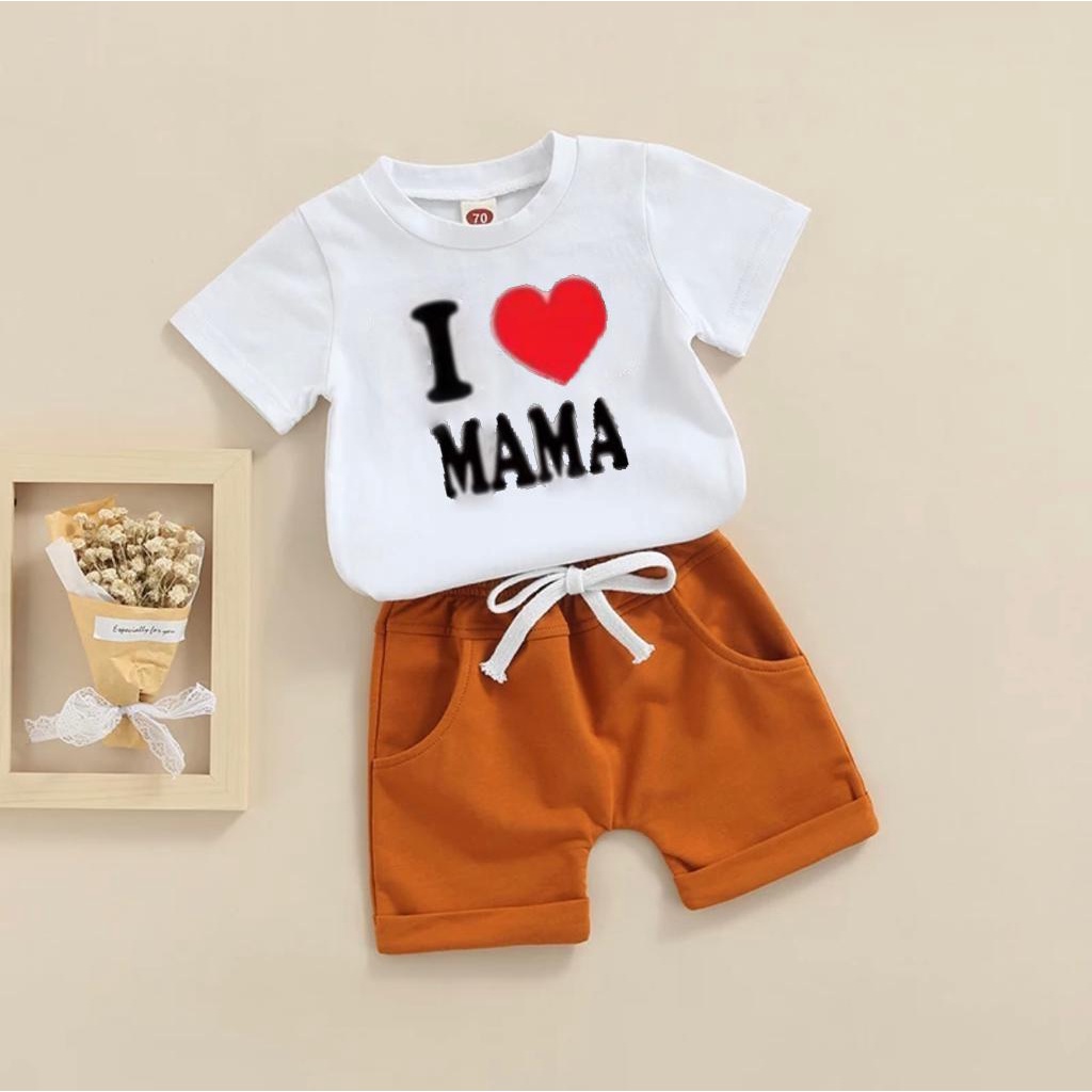 Setelan anak laki-laki dan perempuan bahan katun motif i love mamam papa usia 1 sampai 6 tahun