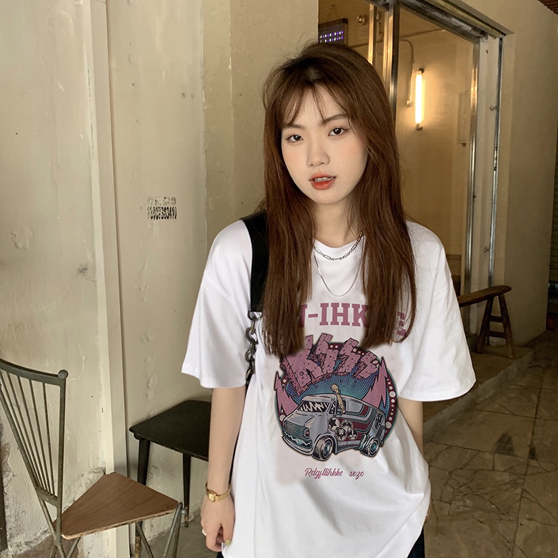 Print T-shirt Kaos Lengan Pendek Vintage Car Dog Atasan Wanita Korean Style