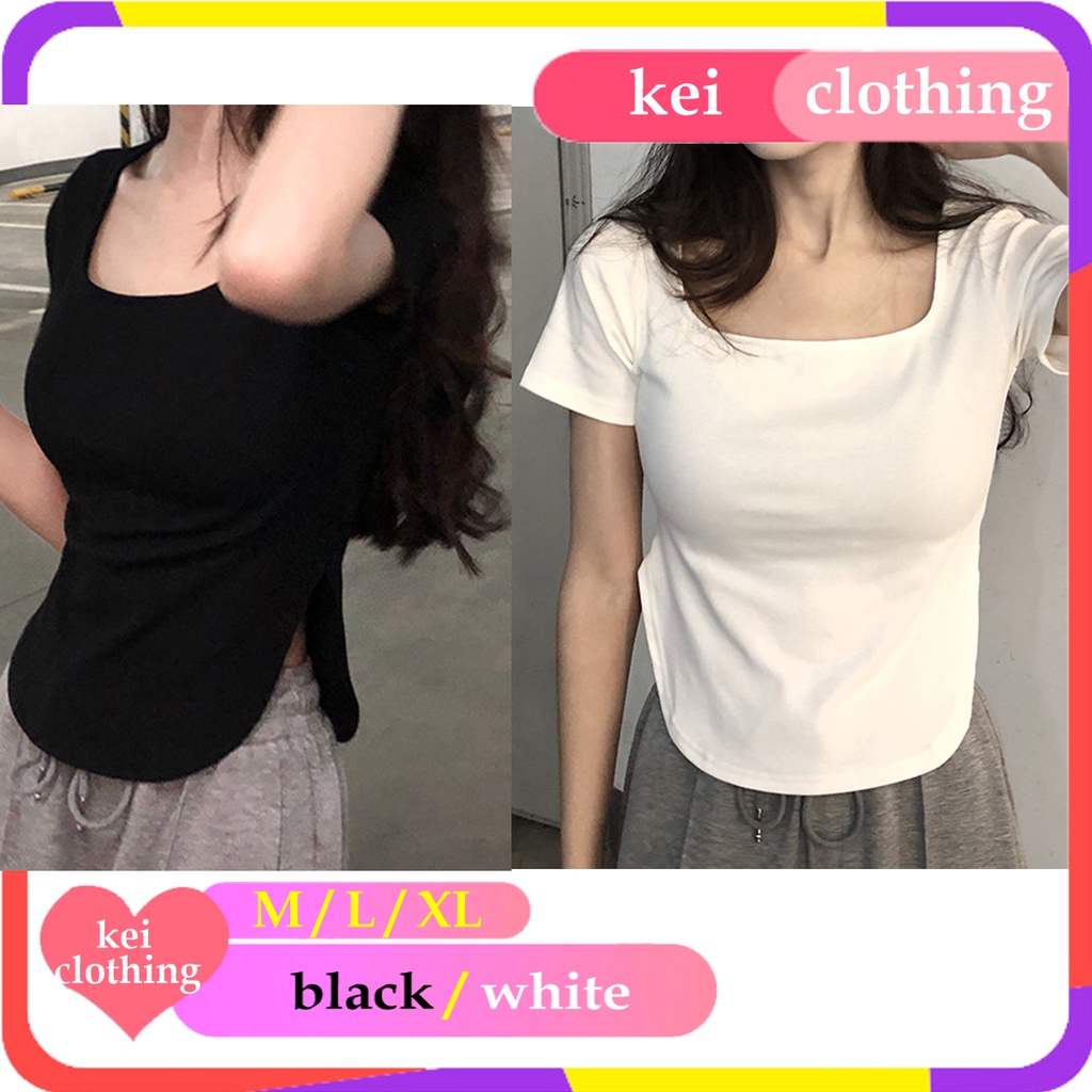 [kei] Atasan Wanita Kaos Kerah U Neck Bawah Bulat T-Shirt Sexy Lengan Pendek