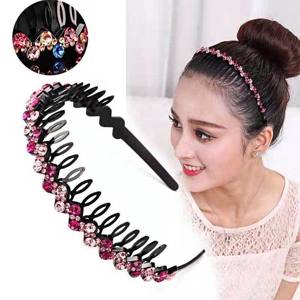 Ls Bando Rambut Bahan Plastik Desain Bunga + Berlian Imitasi Berkilau Anti slip Untuk Wanita