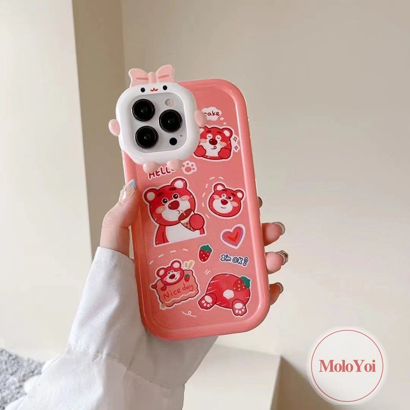 Case Kompatibel Untuk iPhone 6s 6 8 7 Plus 11 Pro Max13 12 14 Pro Max14 Plus XR X XS Max SE 2020 3D Bow-knot Little Monster Lens Kartun Lucu Manis Strawberry Bear Manyo Soft Cover