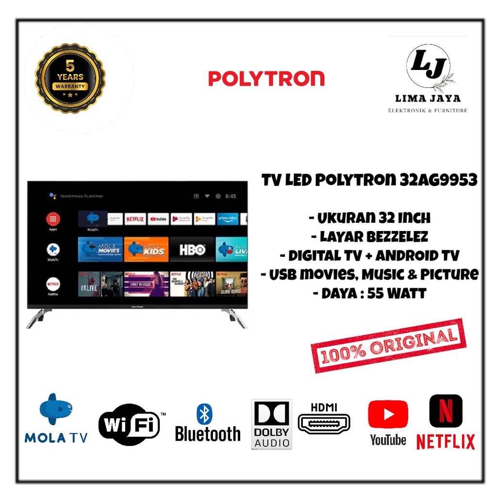 POLYTRON LED TV 32AG9953 DIGITAL+ANDROID TV LED LAYAR BEZZELEZ 32 Inch