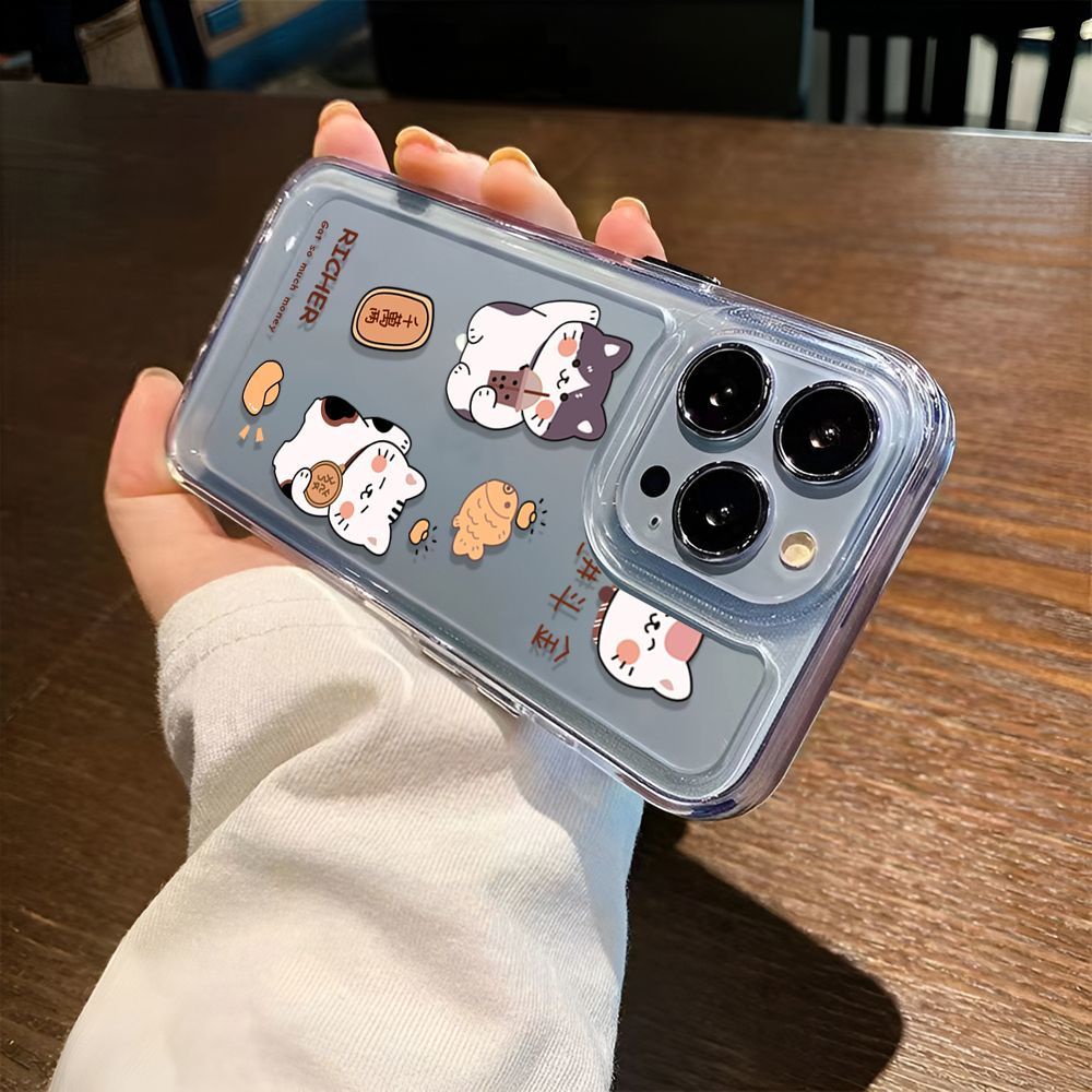 IPHONE Fortune Cat Soft Phone Case Kompatibel Untuk Iphone14 13 12 11 Pro XS Max Casing Transparan X XR 78 Plus Cover TPU Shockproof